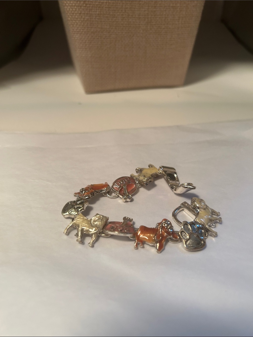 Silver tone bracelet colored enamel dog charms magnetic clasp dog lovers novelt